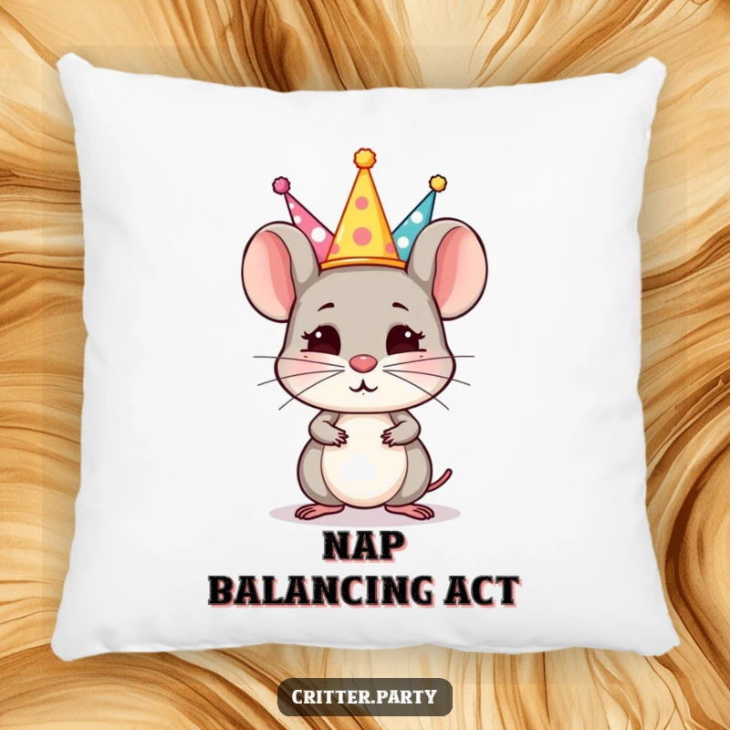 Funny Pillow: A small, determined mouse balances a stack of tiny party hats on its nose, a picture of concentration.