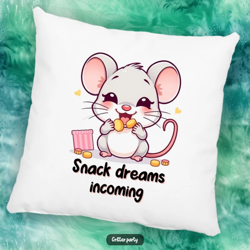 Funny mouse pillow showcasing a joyful little mouse character stuffing its cheeks with tiny party snacks, offering comfort and humor.