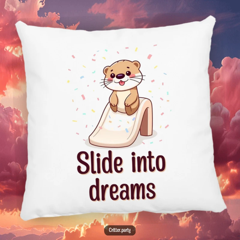 Funny pillow featuring a happy otter sliding down a sparkling confetti slide, adding a touch of whimsical joy and comfort.
