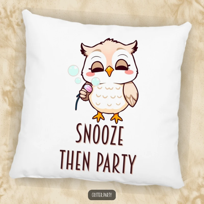 Funny pillow featuring a smiling owl joyfully blowing bubbles from a party popper, offering comfort and whimsical charm.