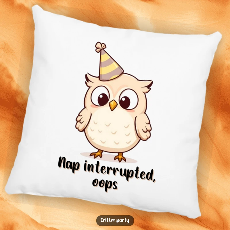 Funny owl pillow showcasing a tiny, surprised owl character with a tilted party hat, offering comfort and lighthearted humor.