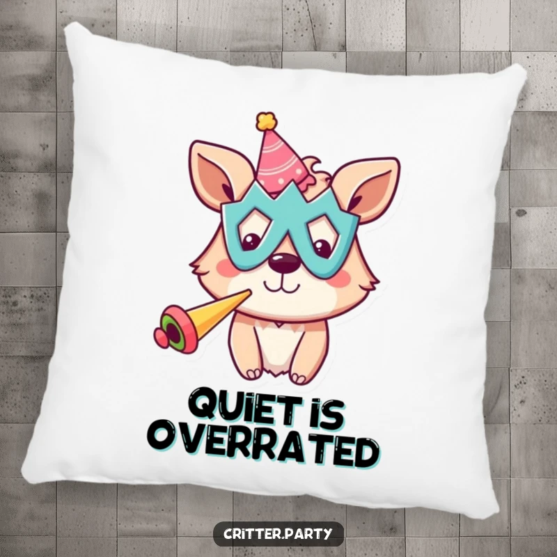 Funny pillow with a cheerful animal in a silly party mask, blowing a party horn, bringing festive comfort and cheer.