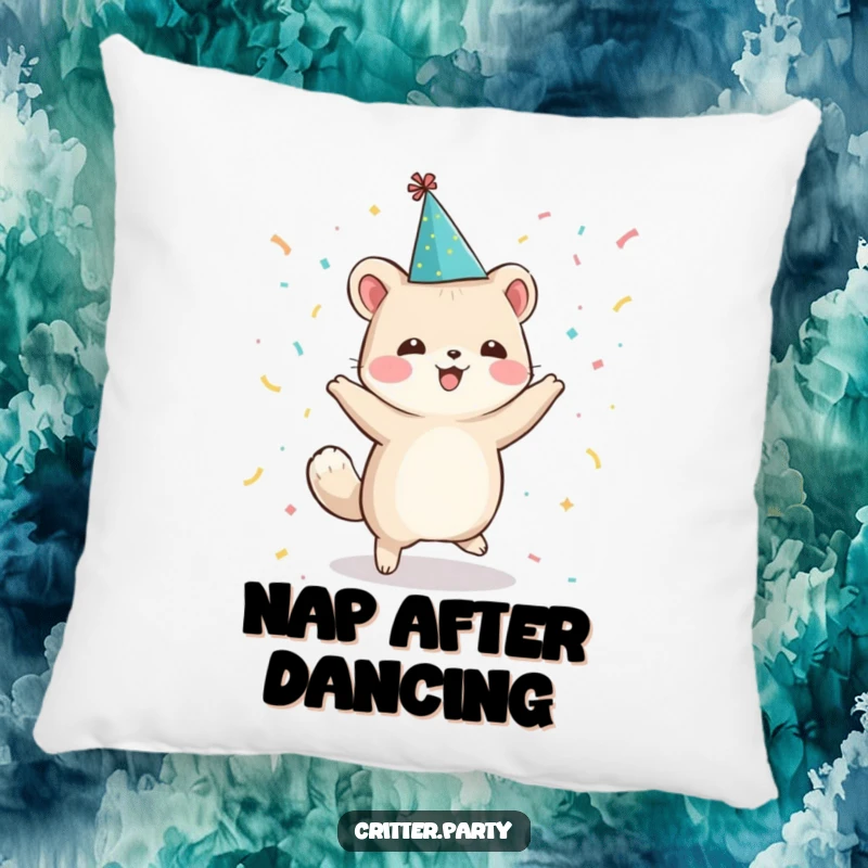 Funny decorative pillow with a small animal character in a party hat, joyfully dancing amongst vibrant confetti, bringing festive cheer.