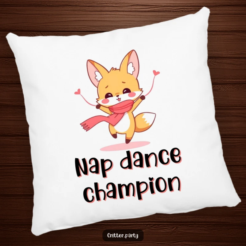 Funny cute fox dancing ecstatically, adorned with a streamer scarf, on a soft, decorative pillow, a delightful funny gift.