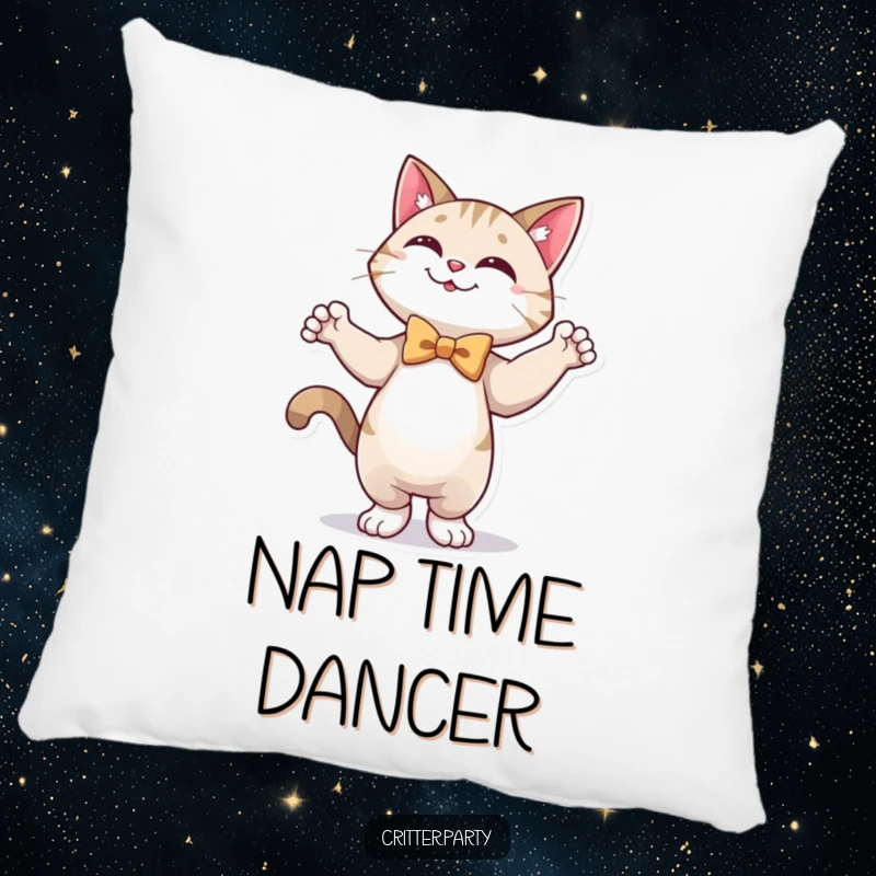 Funny pillow showcasing a happy cat in a festive bow tie, performing a joyful dance pose with a contented smile.