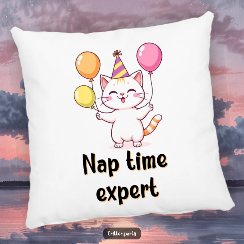Funny cat wearing a party hat, enthusiastically juggling balloons, soft and decorative pillow for ultimate comfort.