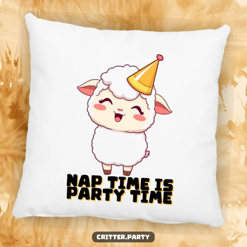 Funny Kawaii sheep character wearing a party crown and giggling, making this plush pillow incredibly amusing.