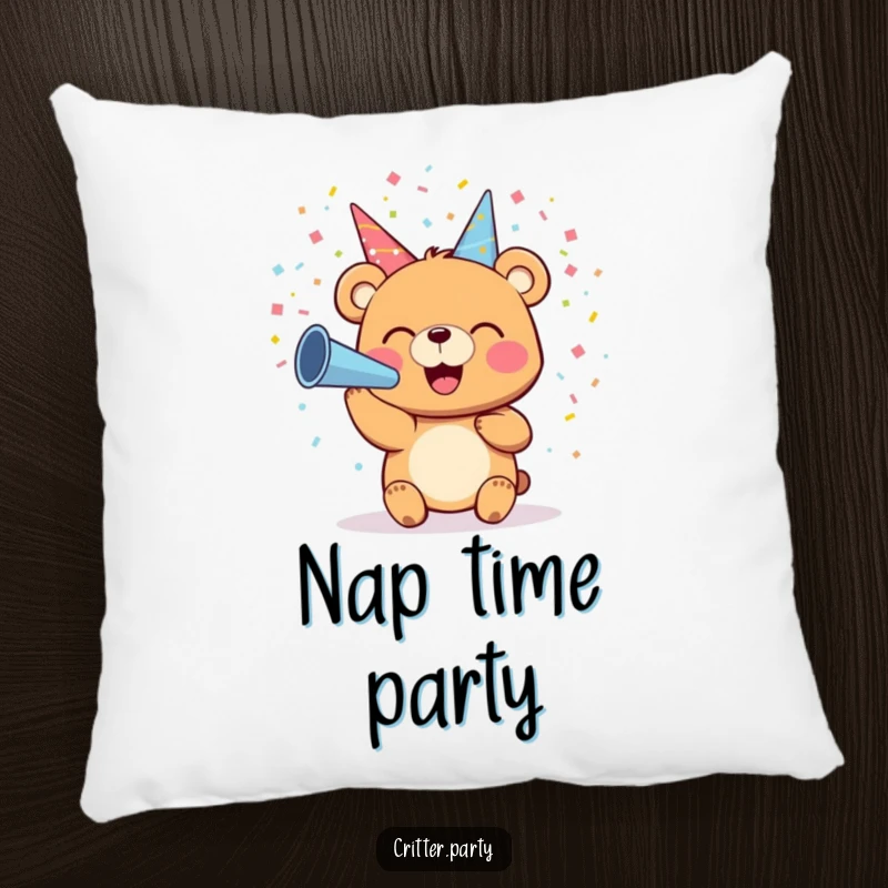 Funny pillow featuring a small bear character happily blowing colorful confetti from a party horn, designed for cozy amusement.
