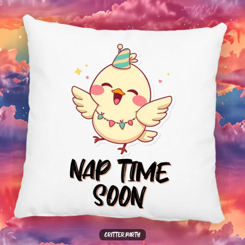 Funny bird pillow featuring a joyful character with a huge grin, wearing a party garland and fluttering playfully.