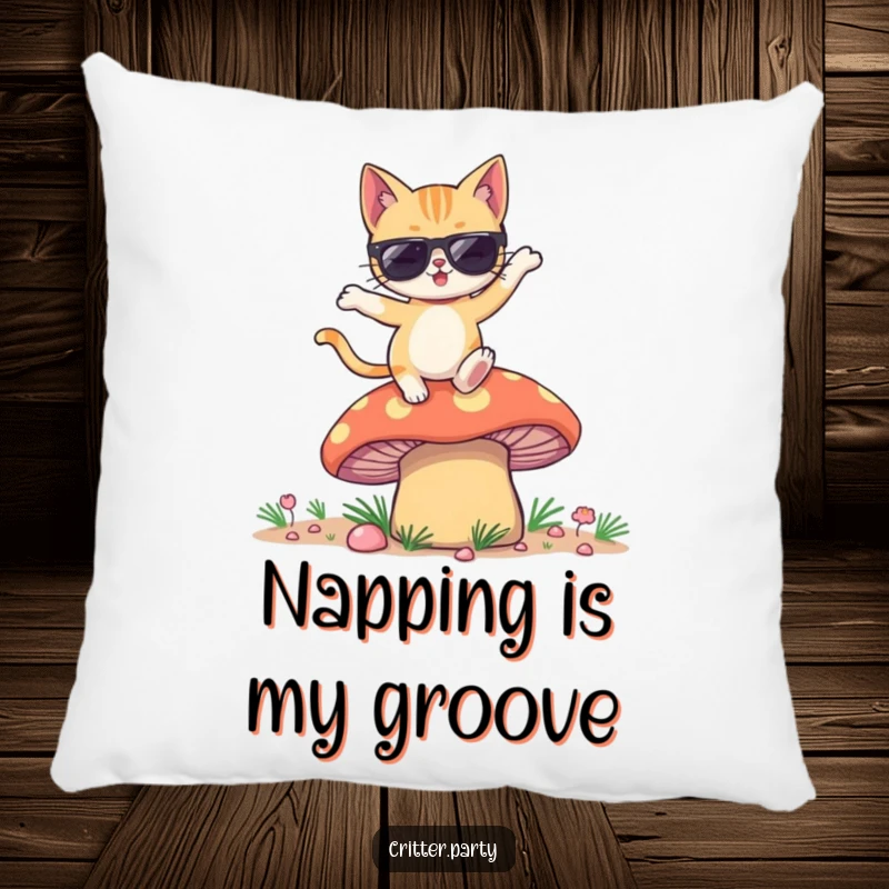 Funny pillow displaying a winking cat in sunglasses dancing merrily on a vibrant, oversized mushroom.