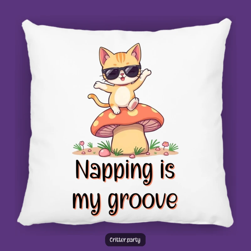 Funny Winking Cat Sunglasses Mushroom Dance Pillow: Cozy Comfort with a Groovy Twist