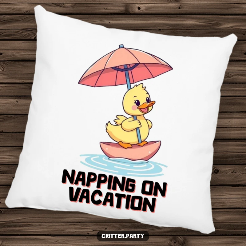 Funny duckling pillow featuring a happy duckling riding an oversized cocktail umbrella, ideal for adding tropical comfort and humor.