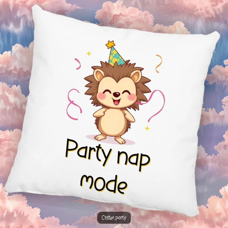 Funny pillow with a smiling hedgehog wearing a party hat and juggling streamers, adding a whimsical and festive touch to relaxation spaces.