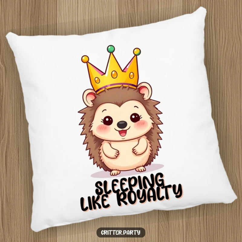 Funny Pillow: Happy hedgehog character wearing a festive party crown that’s too big, offering cozy cheer.