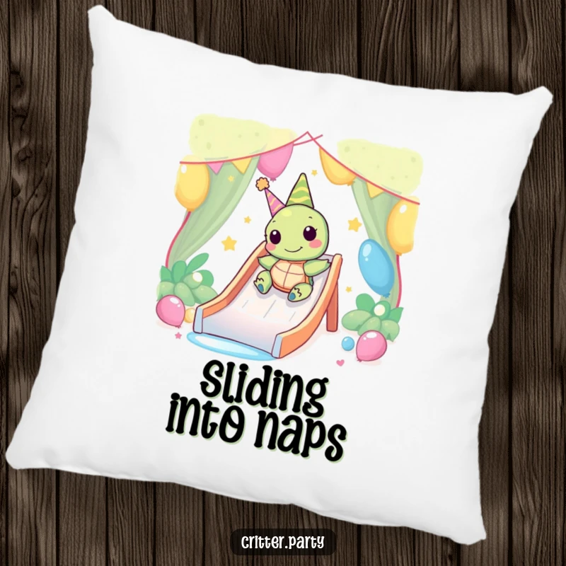 Funny Kawaii turtle character enjoying a slow, happy slide down a party slide, making this pillow wonderfully amusing.
