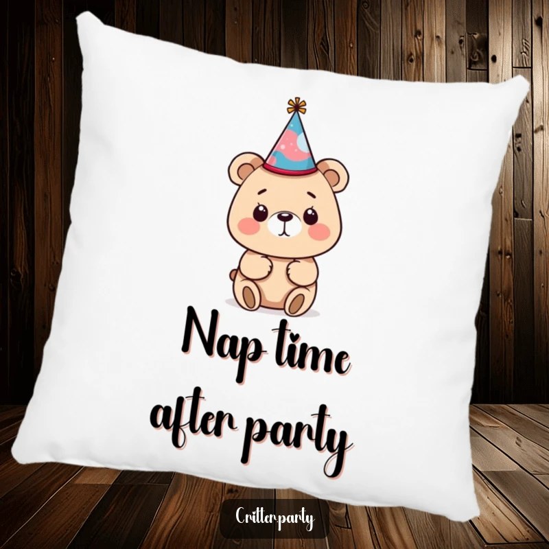 Funny bear pillow with a tiny, crooked party hat, showcasing the bear's charmingly awkward attempt to wear it, ideal for relaxation.