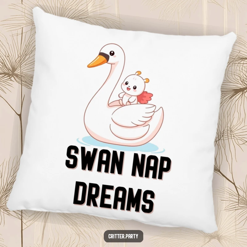 Funny pillow with a small critter joyfully riding a large inflatable swan, bringing a sense of playful comfort and humor.