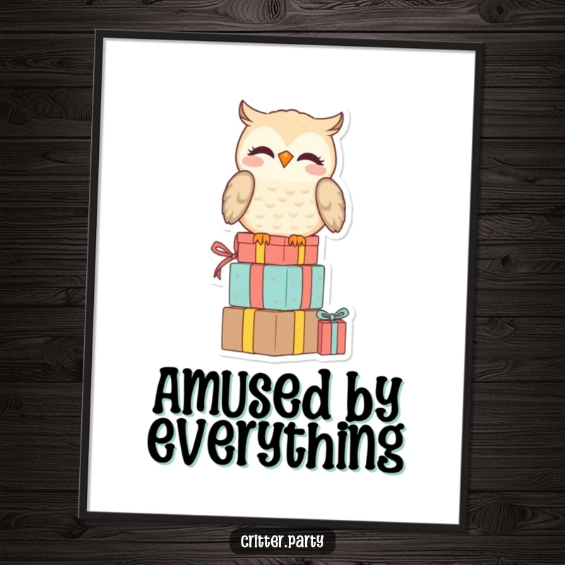Funny digital art print of a smiling owl perched on a stack of presents, looking amused, for witty, charming, and humorous wall decor.