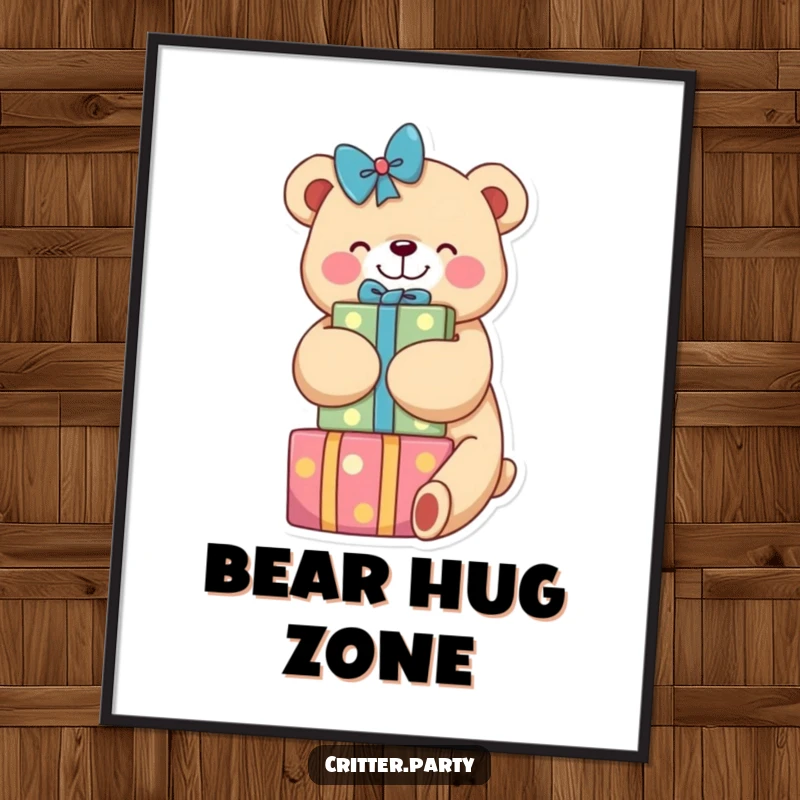 Funny digital art print of a happy bear embracing a pile of colorful gifts, ideal for instant download and wall decor.