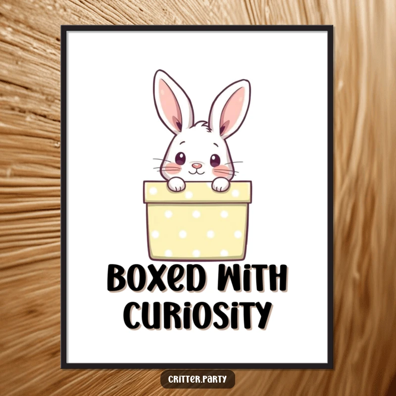 Funny digital art print of a curious rabbit peeking out from a brightly wrapped gift box, for whimsical, charming, and humorous wall decor.