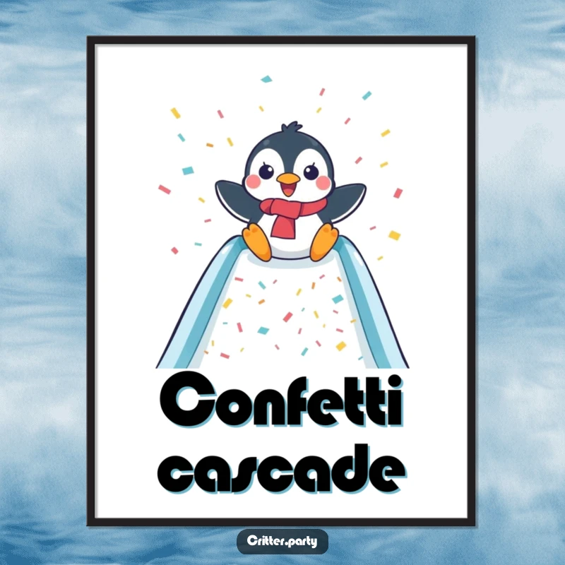 Funny digital art print of a delighted penguin sliding down a confetti-covered slide, capturing pure joy and celebration.