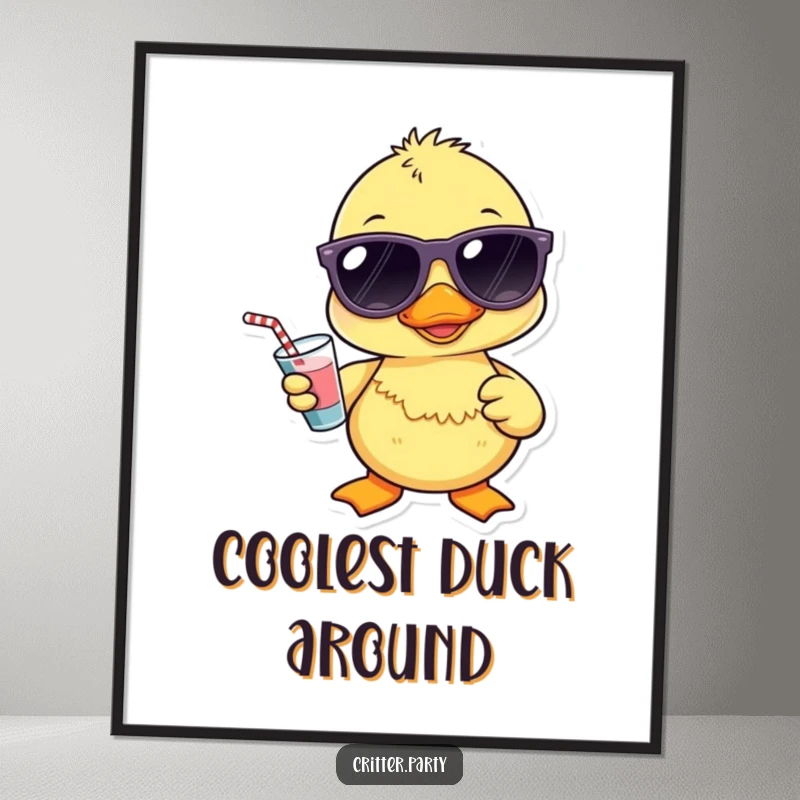 Funny Kawaii duckling character wearing sunglasses and holding a tiny drink, presented as a cool and funny digital art print.
