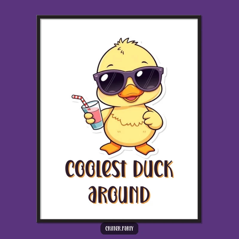 Funny Kawaii Duckling Sunglasses Digital Art: Cool Drink Duck Print, Hilarious Gift Download