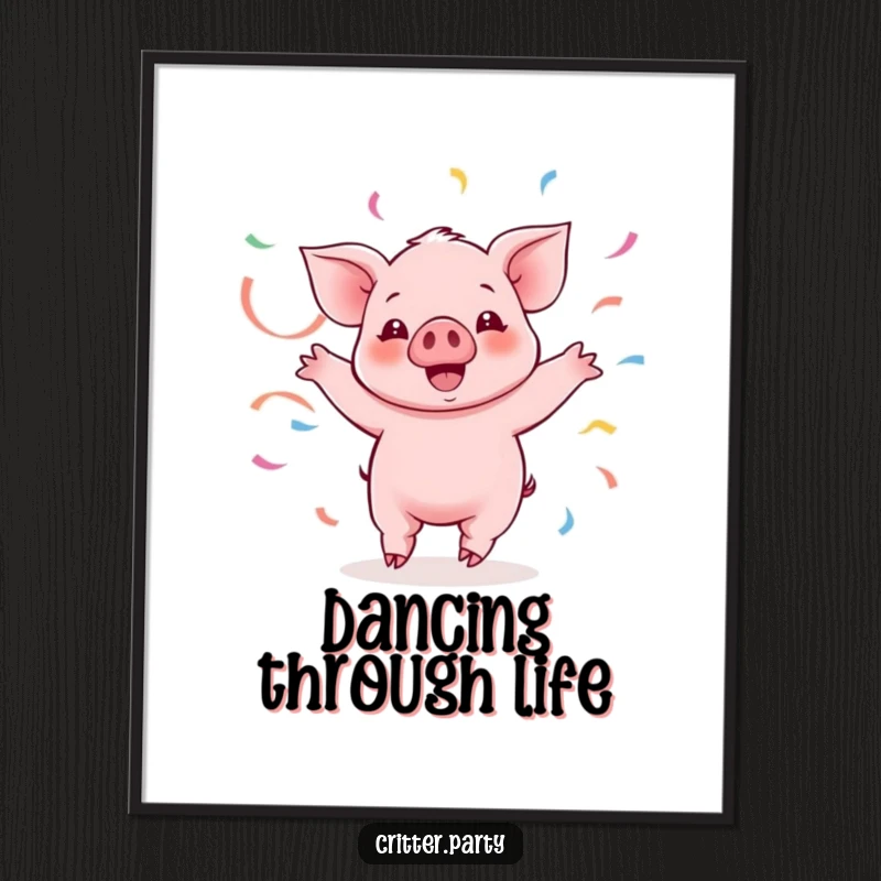 Funny Kawaii piglet character excitedly twirling with colorful streamers, presented as a lively and funny digital art print.