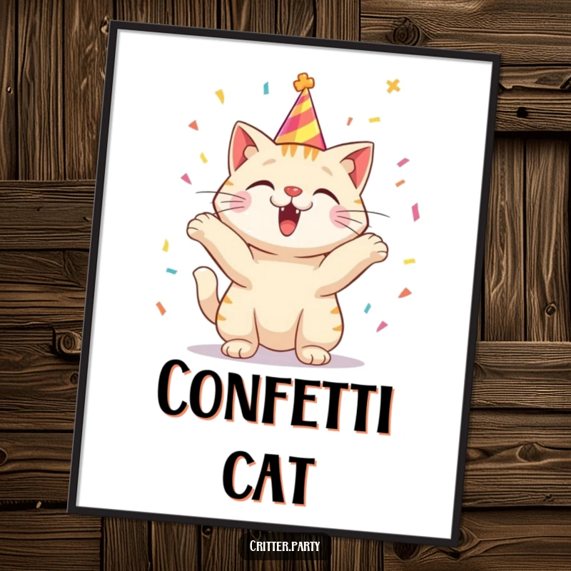 Funny digital art print of an excited cat character wearing a party hat, gleefully tossing confetti.