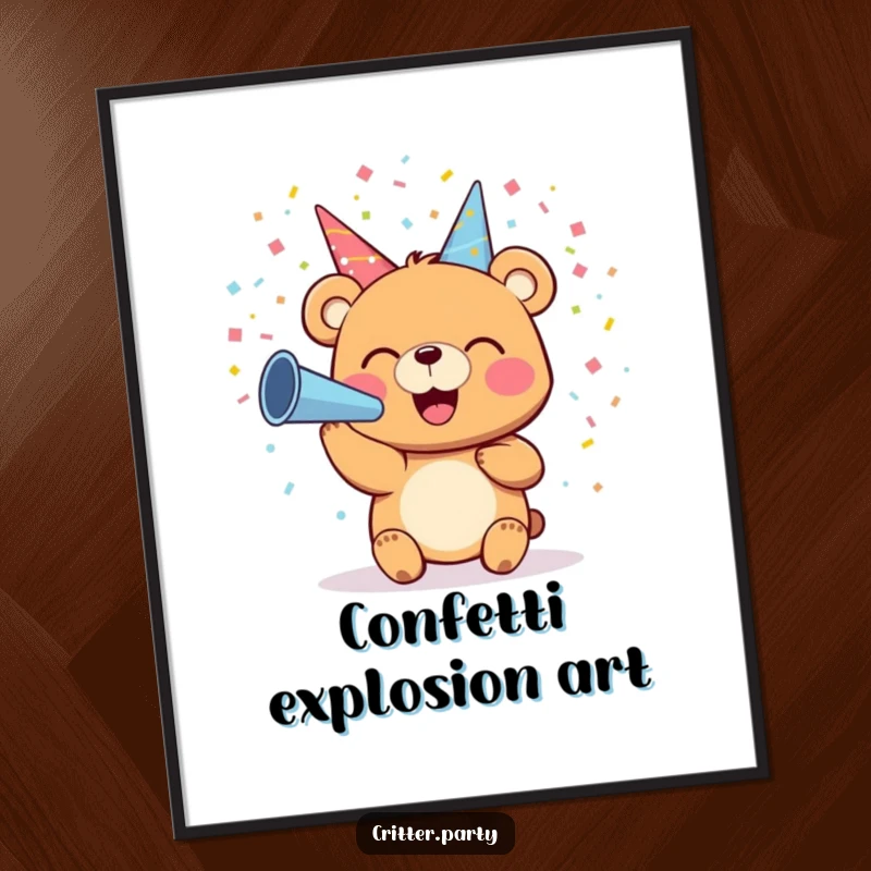 Funny digital art print of a small bear joyfully blowing colorful confetti from a party horn, creating an instant party atmosphere.