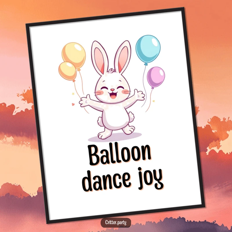 Funny digital art print of a cute bunny character dancing with flailing arms, surrounded by floating balloons, creating whimsical decor.