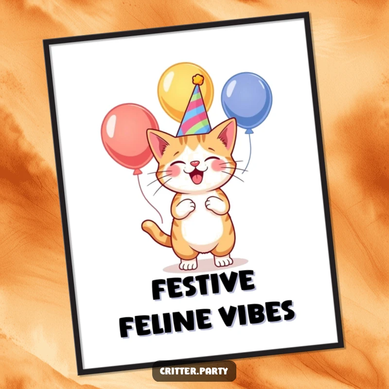 High-resolution funny cat juggling colorful balloons while wearing a party hat, perfect for digital art prints and instant decor.