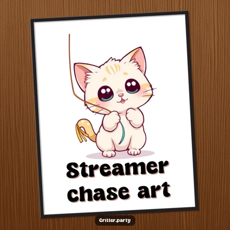 Funny digital art print of a small cat character playfully batting at a shiny, dangling streamer with wide eyes, creating playful decor.