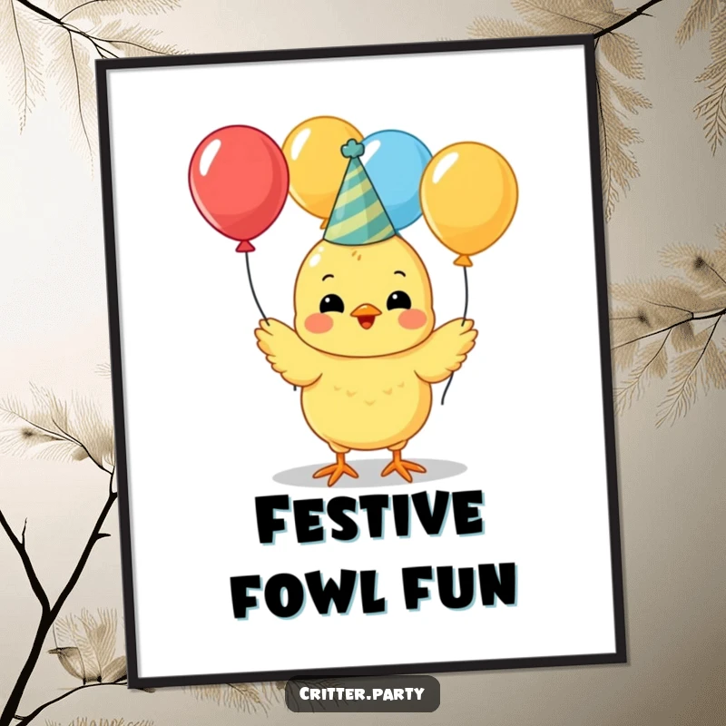 Funny cute yellow chick wearing a party hat, juggling colorful balloons, digital art print, perfect for festive decor.