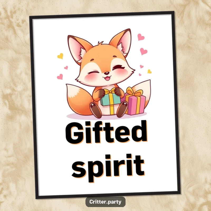 Funny fox juggling digital art print showing a winking fox character juggling small, brightly colored gift boxes, for instant fun.