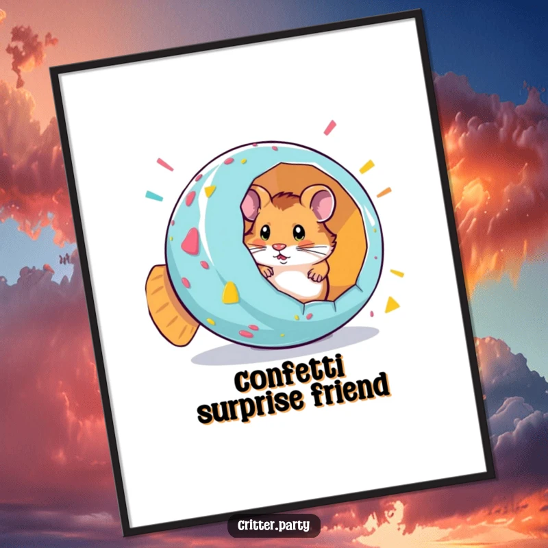 Funny digital art print for download, showing a curious hamster popping out of a giant, colorful party popper.
