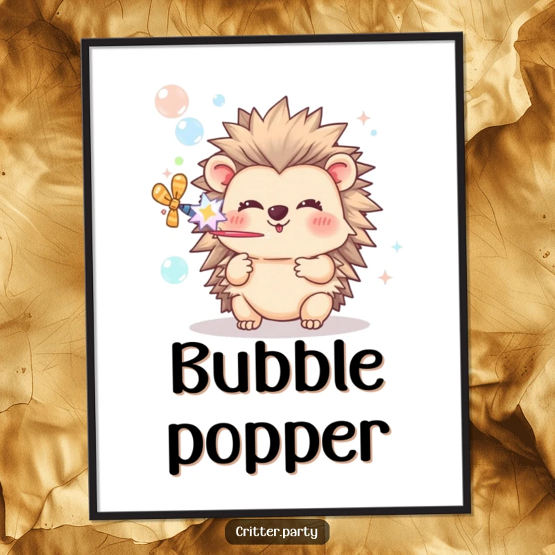 Funny Hedgehog Digital Art Print: A happy hedgehog character uses a party popper to blow bubbles, creating a joyful scene.