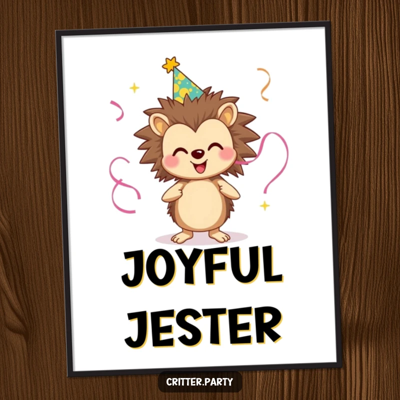 Funny digital art print of a smiling hedgehog wearing a party hat and juggling streamers, celebrating festivity and fun with humor.