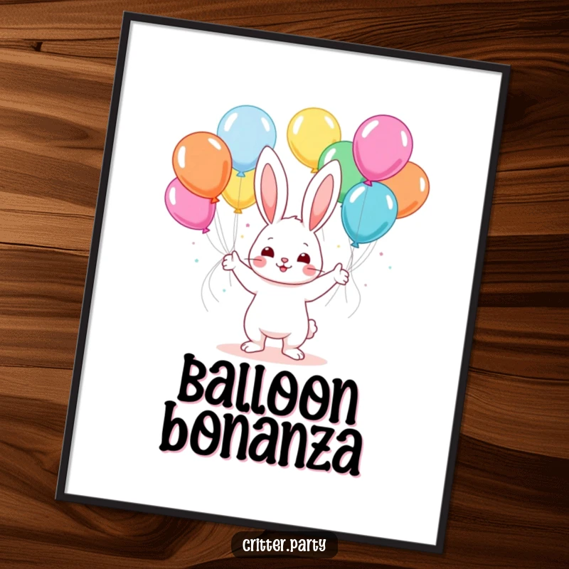 Funny kawaii bunny juggling colorful balloons at a party, a downloadable art print bursting with festive cheer.