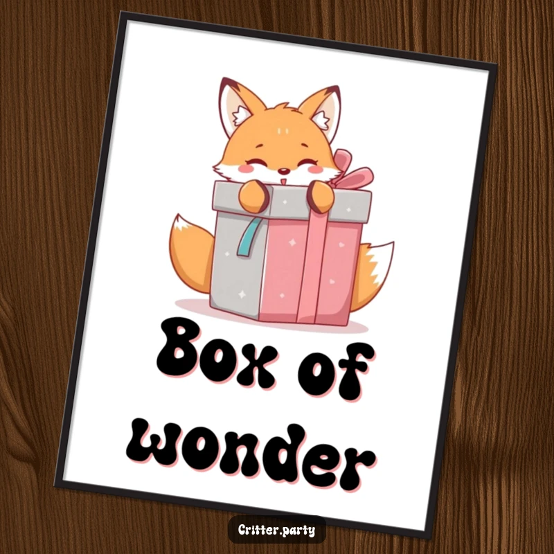 Funny kawaii fox eagerly unwrapping a giant gift box, a downloadable art print capturing the joy of surprises.