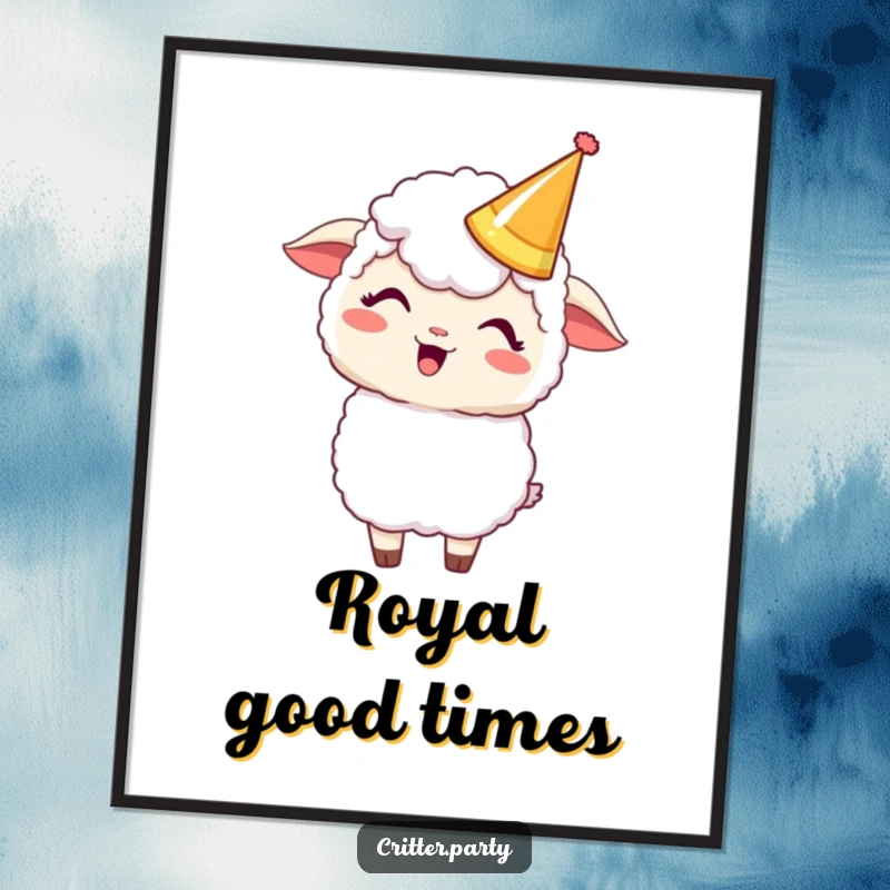Funny Kawaii sheep character giggling heartily while wearing a silly party crown, presented as a digital art print.