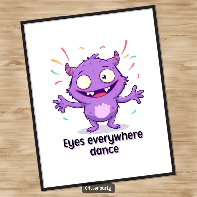 Funny purple monster digital art print with multiple eyes, dancing wildly with streamers, perfect for vibrant and energetic printable wall art, great for a funny gift.
