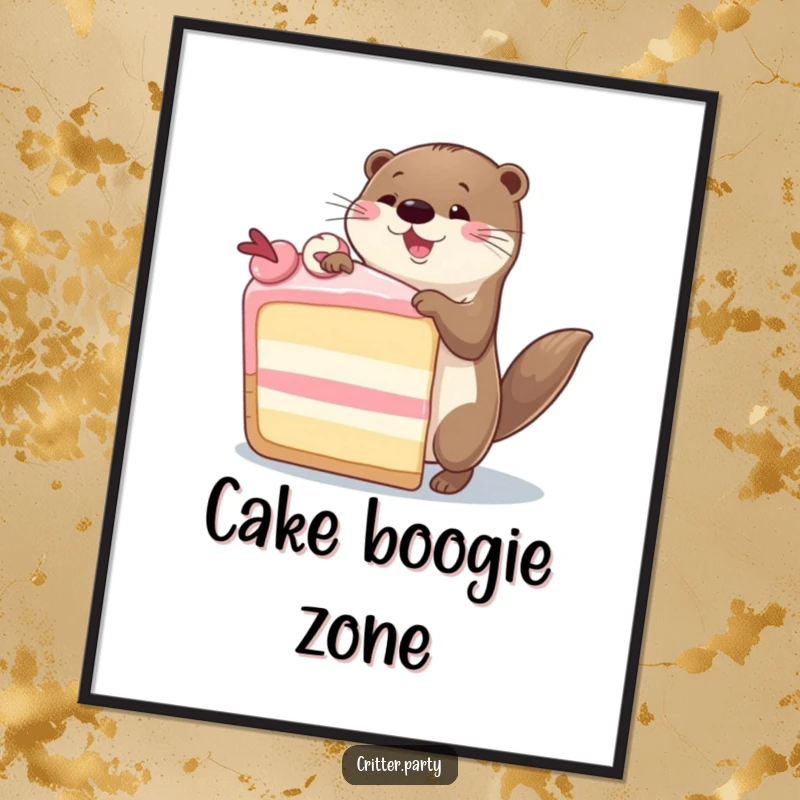Funny Otter Digital Art Print: A dynamic otter joyfully dancing around a huge slice of cake, capturing party spirit.