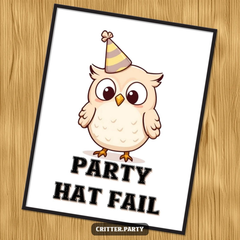 Funny owl digital art print of a tiny owl character with a tipping party hat, looking surprised, ready for instant download.