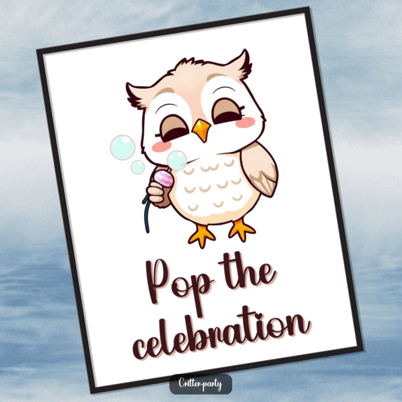 Funny digital art print of a smiling owl joyfully blowing iridescent bubbles from a party popper, creating instant cheer.