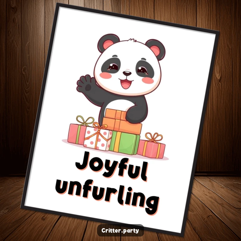 Funny digital art print of a joyful panda character waving from behind a stack of presents, perfect for instant, cheerful decor.