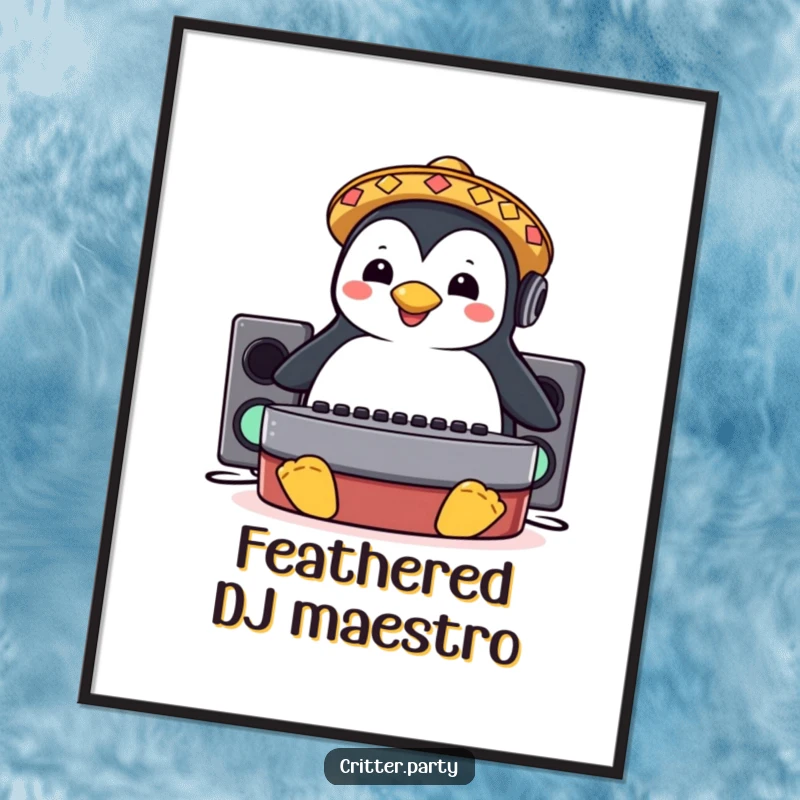 Funny digital art print for download, showing a penguin DJ with a sombrero sliding on a DJ booth.