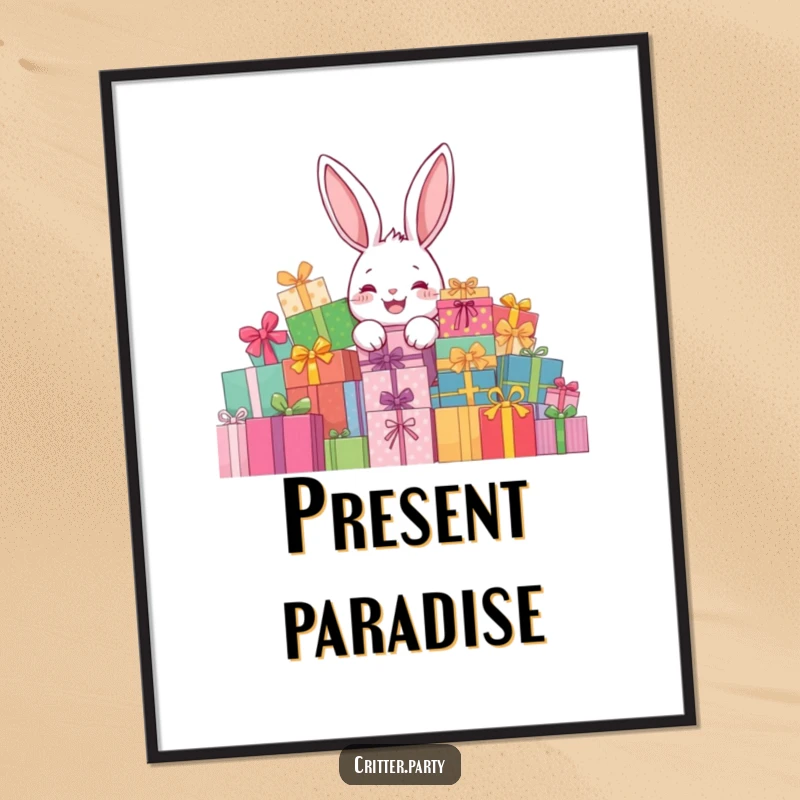 Funny rabbit present digital art print showing a delighted rabbit character peeking from behind a giant pile of presents, for festive joy.