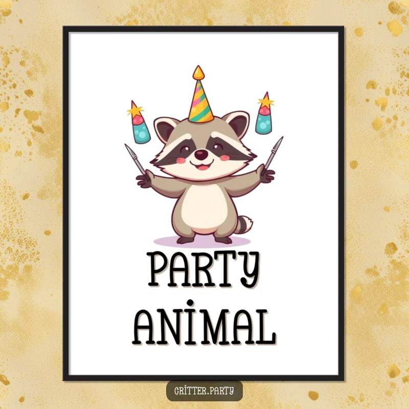 Funny digital art print of a raccoon gleefully juggling shiny party horns, ideal for instant download and adding festive cheer.