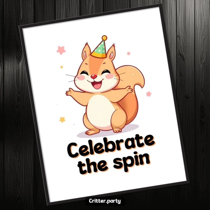 Funny digital art print of a joyful squirrel wearing a tiny party crown, spinning around with ecstatic delight, for festive, humorous wall decor.
